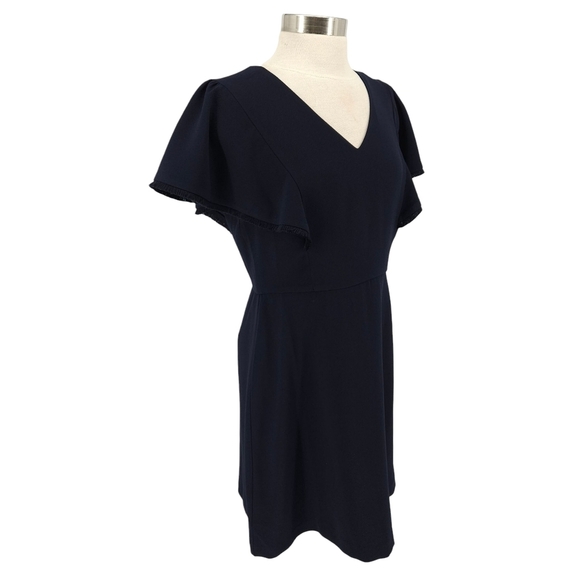 Ann Taylor LOFT Fit Flare Dress Navy Blue Fringe Short Sleeve V Neck 8 - Picture 3 of 9